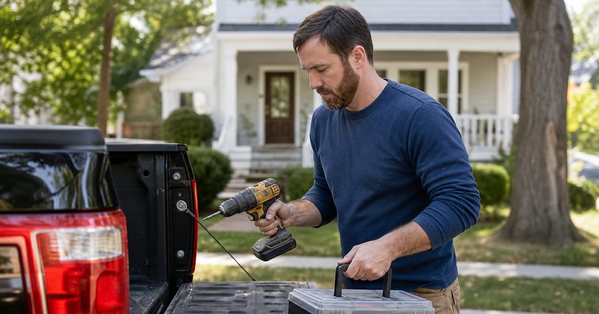 A handyman loading a cordless drill and a small toolbox into the back of a pickup truck parked on a tree-lined suburban street, midday, house with a front porch in the background