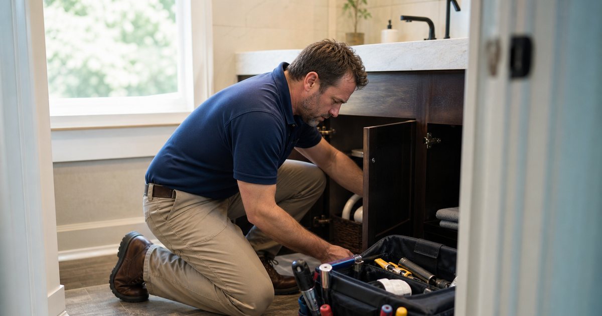 A handyman kneeling beside an open bathroom vanity cabinet in a suburban home, morning daylight from a side window, open tool bag and a small parts tray on the tile floor