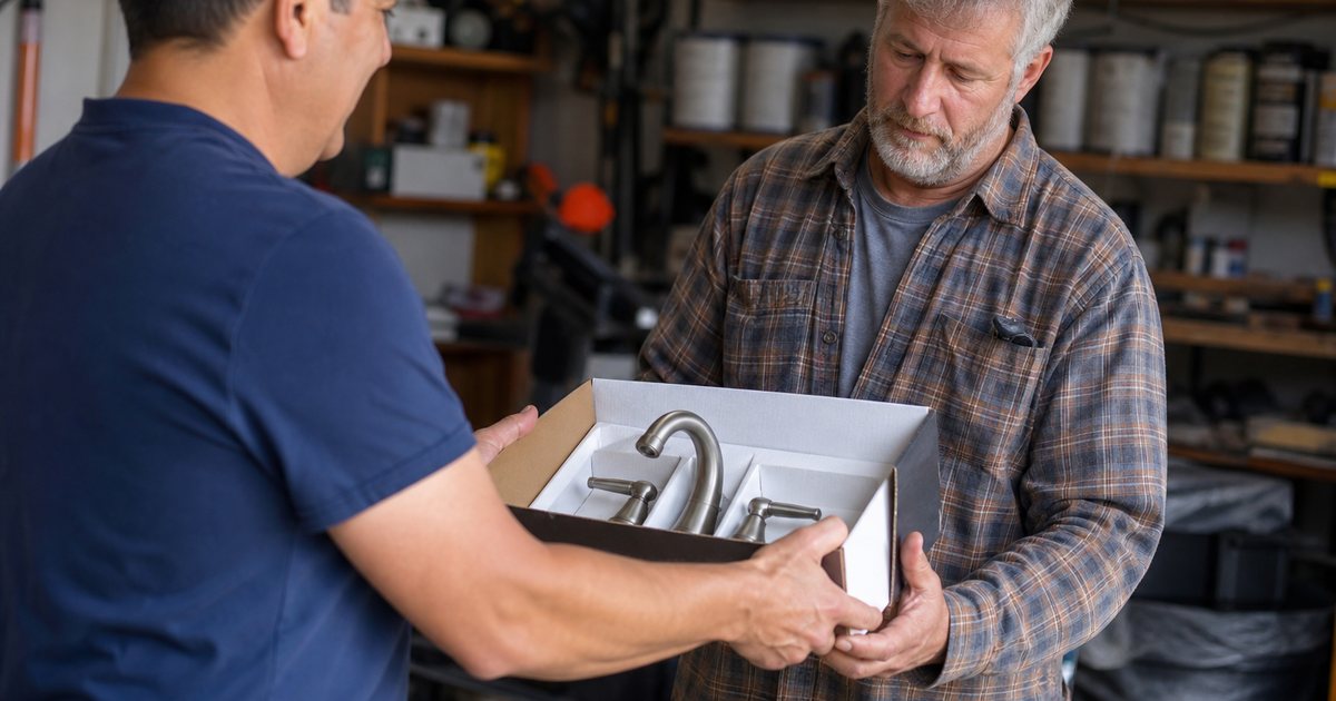 A homeowner handing a boxed bathroom faucet to a handyman in a garage, the handyman inspecting the box, a workbench and shelves with paint cans in the background