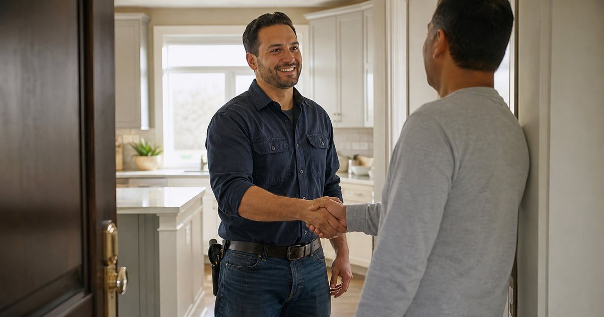 A handyman in a work shirt standing at a customer's kitchen doorway shaking hands with a homeowner, toolbox at his feet, morning light through the window, suburban American home
