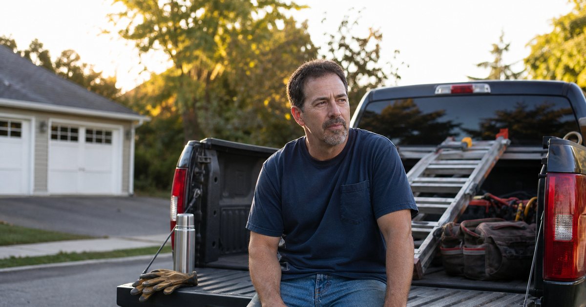 A handyman sitting on the open tailgate of a pickup truck in a residential driveway at golden hour, work gloves and a thermos beside him, ladder and tool bags in the truck bed