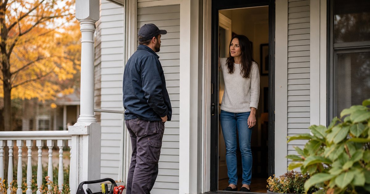A handyman standing on a front porch talking with a homeowner at the open door, toolbox at his feet, fall leaves on the porch steps, late afternoon light