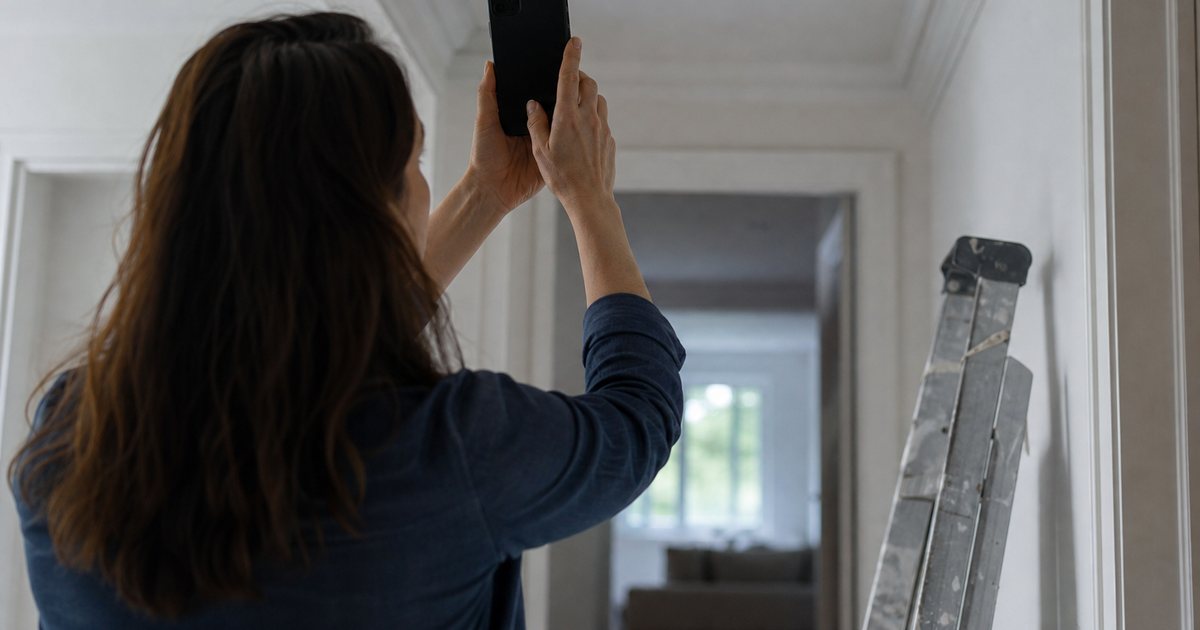 A homeowner standing in a hallway holding up a phone with its back to the camera to photograph a water stain on the ceiling, a handyman's ladder leaning against the wall in the background, daytime