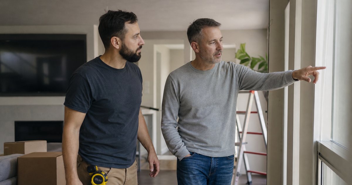 A handyman and a homeowner walking through a living room, the homeowner pointing at a window frame, the handyman with a tape measure clipped to his belt, a ladder and moving boxes in the background, afternoon light